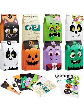 🎃72PCS Halloween Treat Bags Candy and Goodie Bags 6 Styles with Stickers